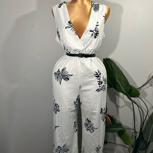 White Sleeveless V-Neck Floral Print Jumpsuit